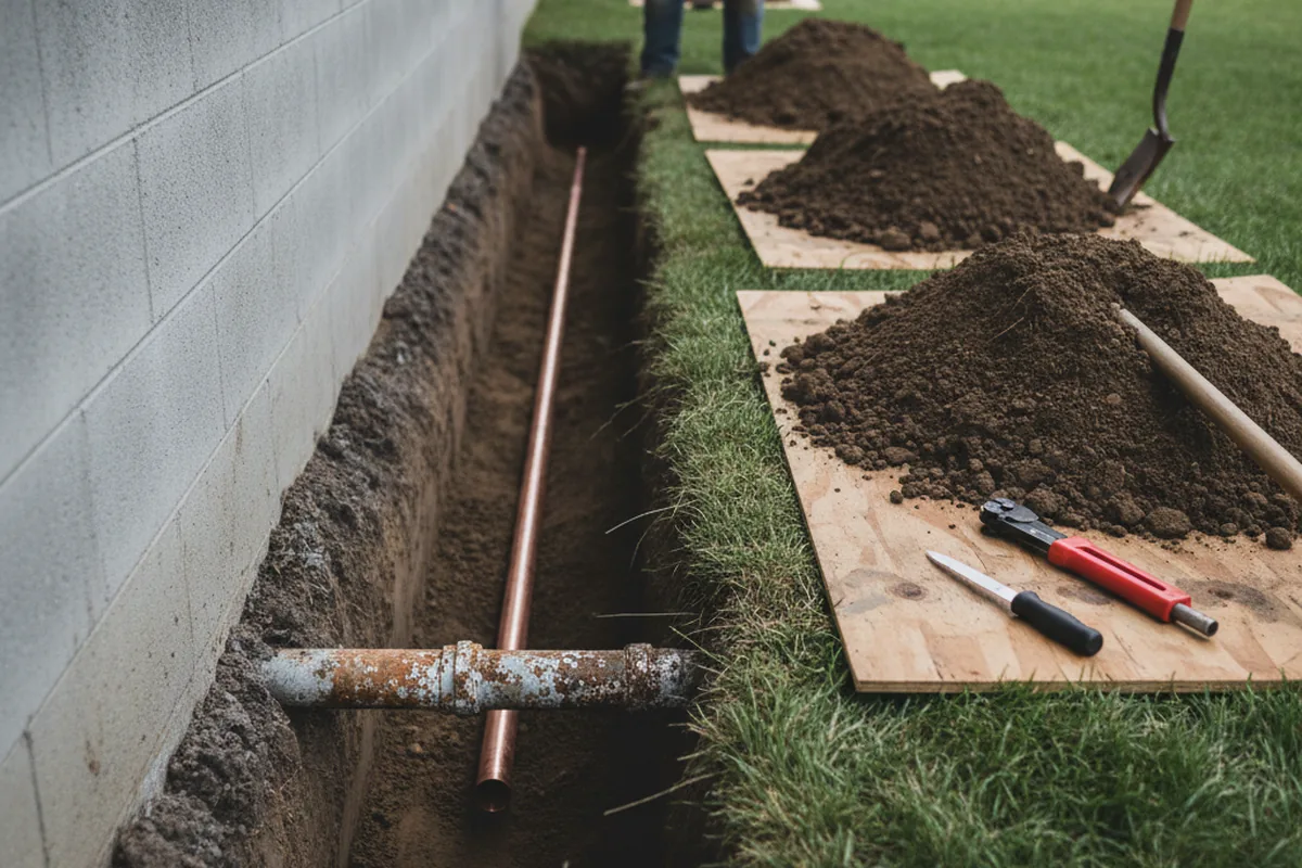 Excavated water line trench during Water Softener Installation in Grays Knob